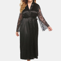 Plus Size Woman Black Lace Tie-Up Nightgown Maxi Dress