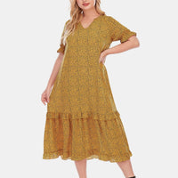 Plus Size Tiered Layered Ruffle Hem Dots Print V-neck woman Dress