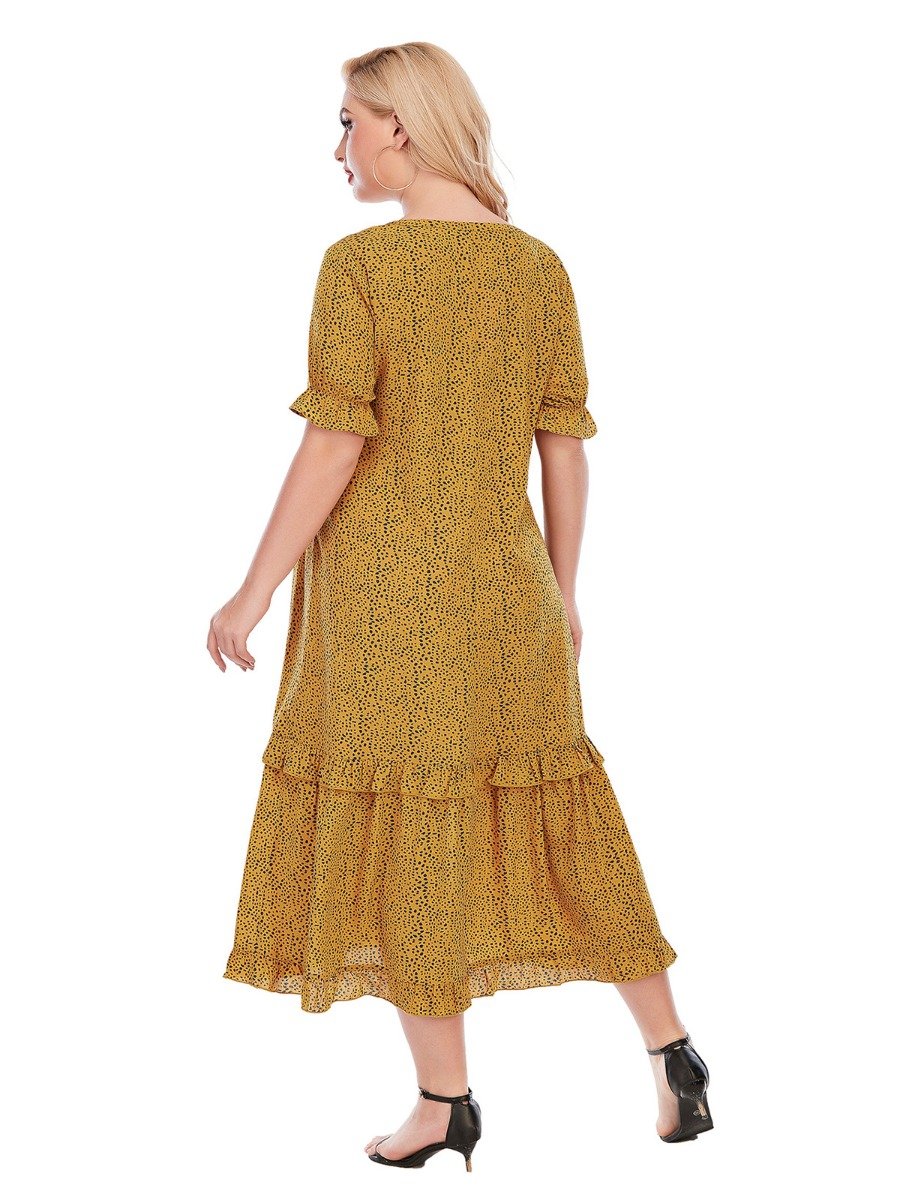 Plus Size Tiered Layered Ruffle Hem Dots Print V-neck woman Dress