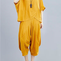 plus Plain Batwing Sleeve Knotted Top And Crop Baggy Pants Set