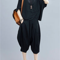 plus Plain Batwing Sleeve Knotted Top And Crop Baggy Pants Set