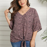 Plus Size V-Neck Leopard Print Knotted Blouses For Women