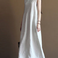 Solid Pleated Design Linen Tank Long White Women Dress