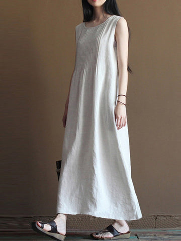 Solid Pleated Design Linen Tank Long White Women Dress