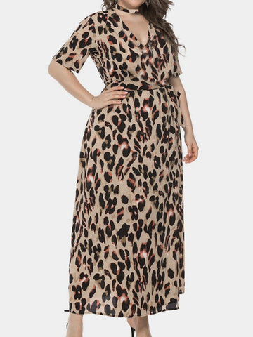 Plus Size V Collar Self-Tie Leopard Womens Summer Dress
