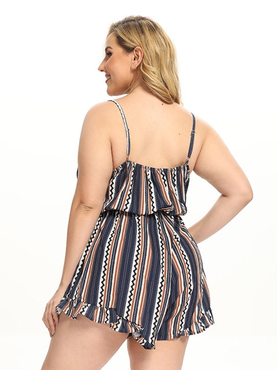Plus Size Women Ruffle Hem Stripe Cami Summer Romper Dress