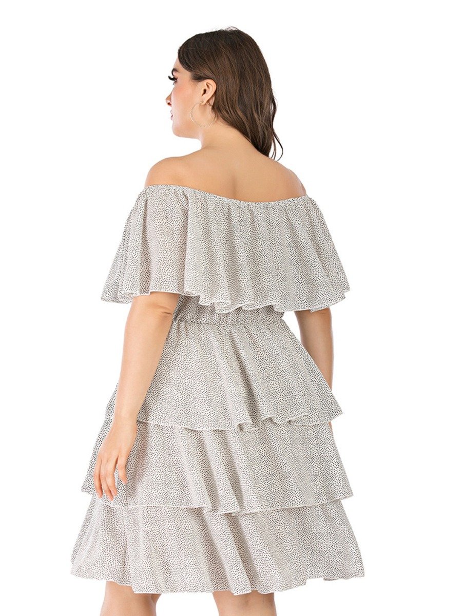 Plus Size Women Strapless  Dots Print Tiered Layered Maxi Dress