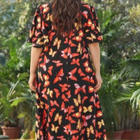 Plus Size V-Neck Butterfly Print Long Women Dress