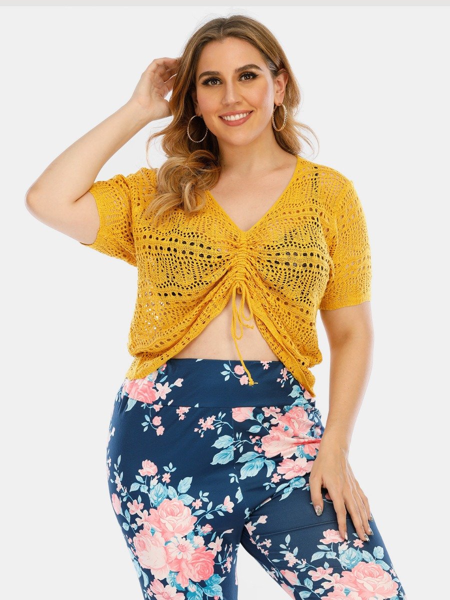 Plus Size Women Hollow Ruched Crochet Overall Women Top
