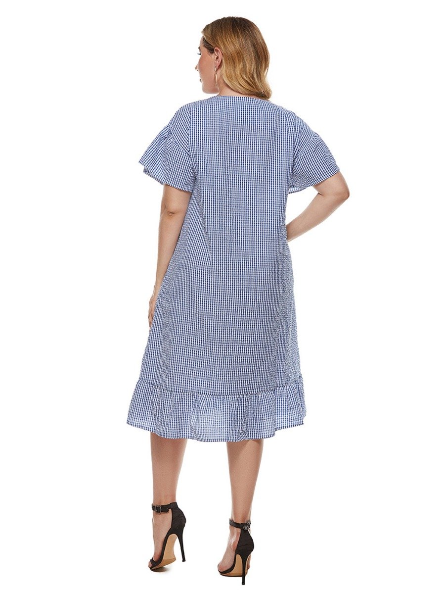 Plus Size Curvy Lady Flare Sleeve Ruffle Trim Plaid Shirt Dress