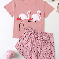 Plus Size Pink Flamingo Animal Print Women Top + Short