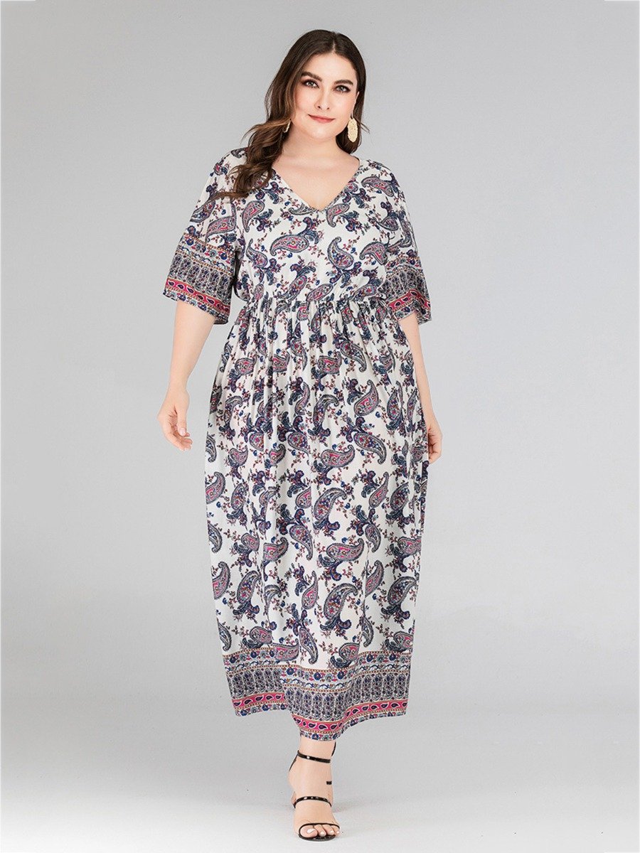 Plus Size V-Neck Ethnic Print Vintage Maxi Summer Women Dress