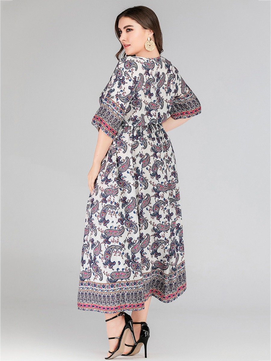 Plus Size V-Neck Ethnic Print Vintage Maxi Summer Women Dress