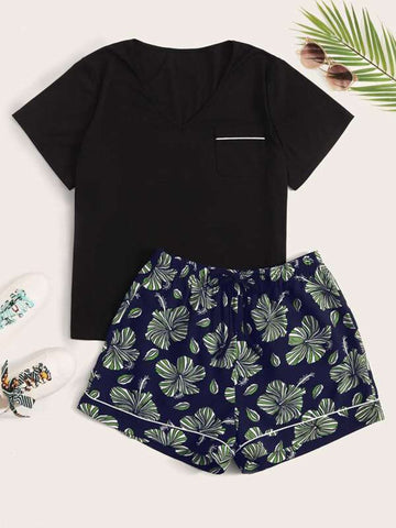Big Sizes Woman Soild V-Neck Black Clothing Floral Shorts Lounge Set