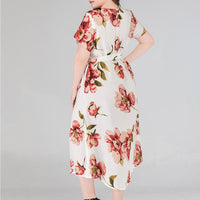 Plus Size Flower Leaf Print Self Tie Maxi Pink Dress