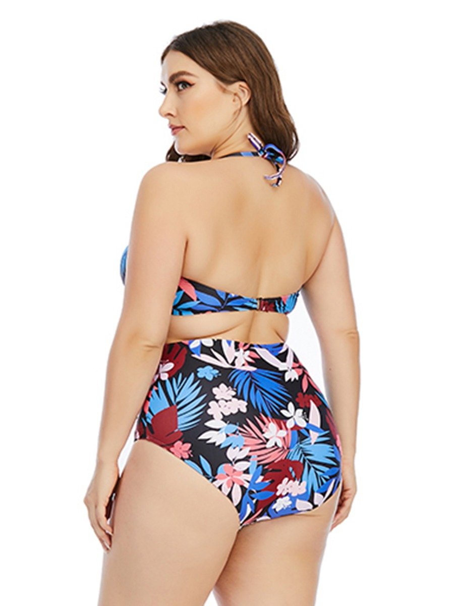 Plus Size Curvy Swimsuit Flower Print Cutout Knotted Halter Bra Shorts