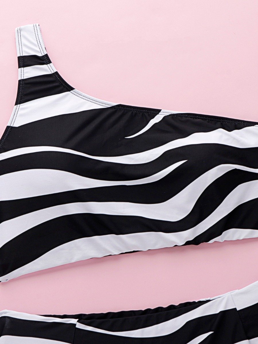 Plus Size Zebra Stripe Swimsuit One Shoulder Crop Top