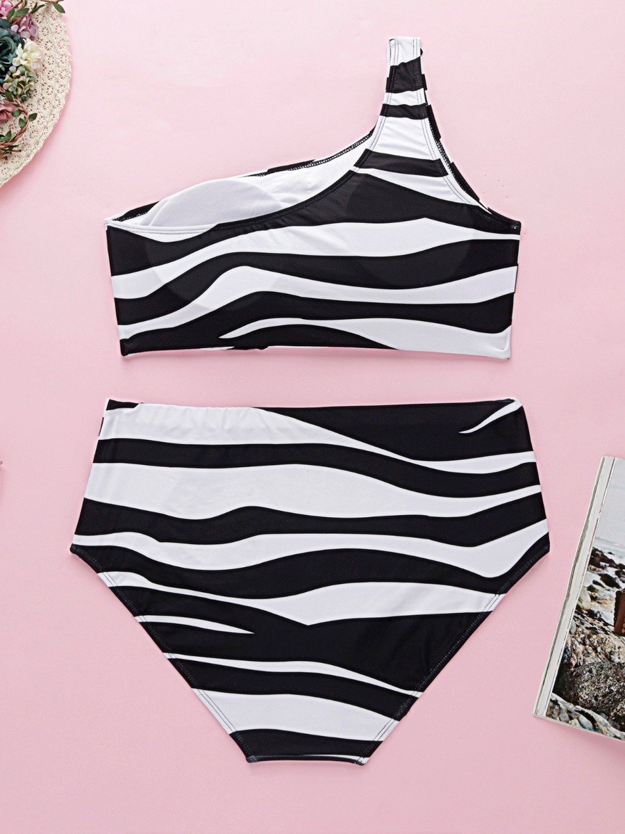 Plus Size Zebra Stripe Swimsuit One Shoulder Crop Top