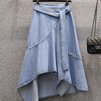 Plus Size Asymmetrical Hem Pearl Beaded Tie-Up Denim Maxi Jean Skirt
