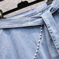 Plus Size Asymmetrical Hem Pearl Beaded Tie-Up Denim Maxi Jean Skirt