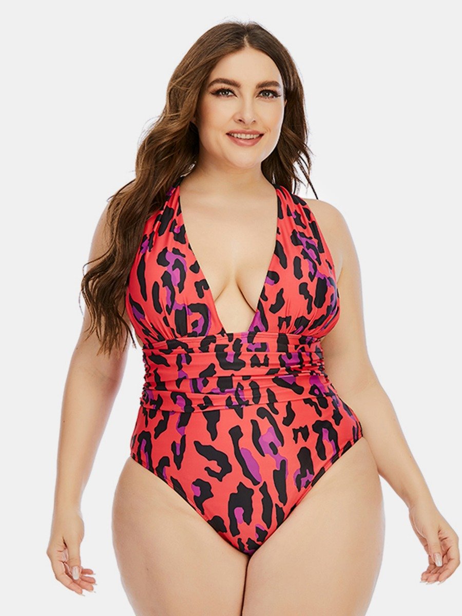 Plus Size Deep V-neck Leopard Print Halter One Piece bathing suits
