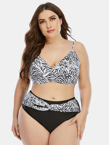 Zebra Leopard Patchwork Two-Piece Swimsuit For Plus Size Women