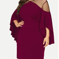 Plus Size Women Bell Sleeve Mesh Stitching  Fitted Long Dress