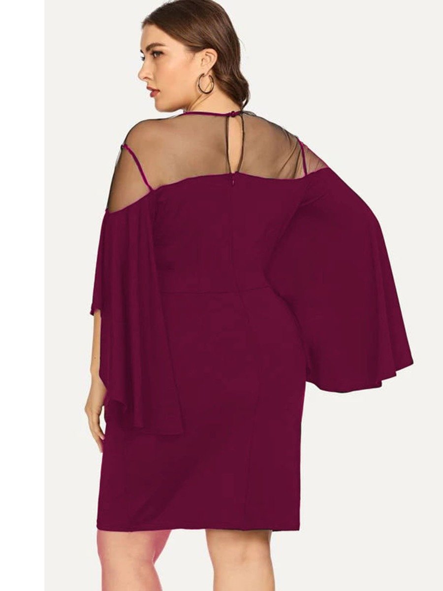 Plus Size Women Bell Sleeve Mesh Stitching  Fitted Long Dress