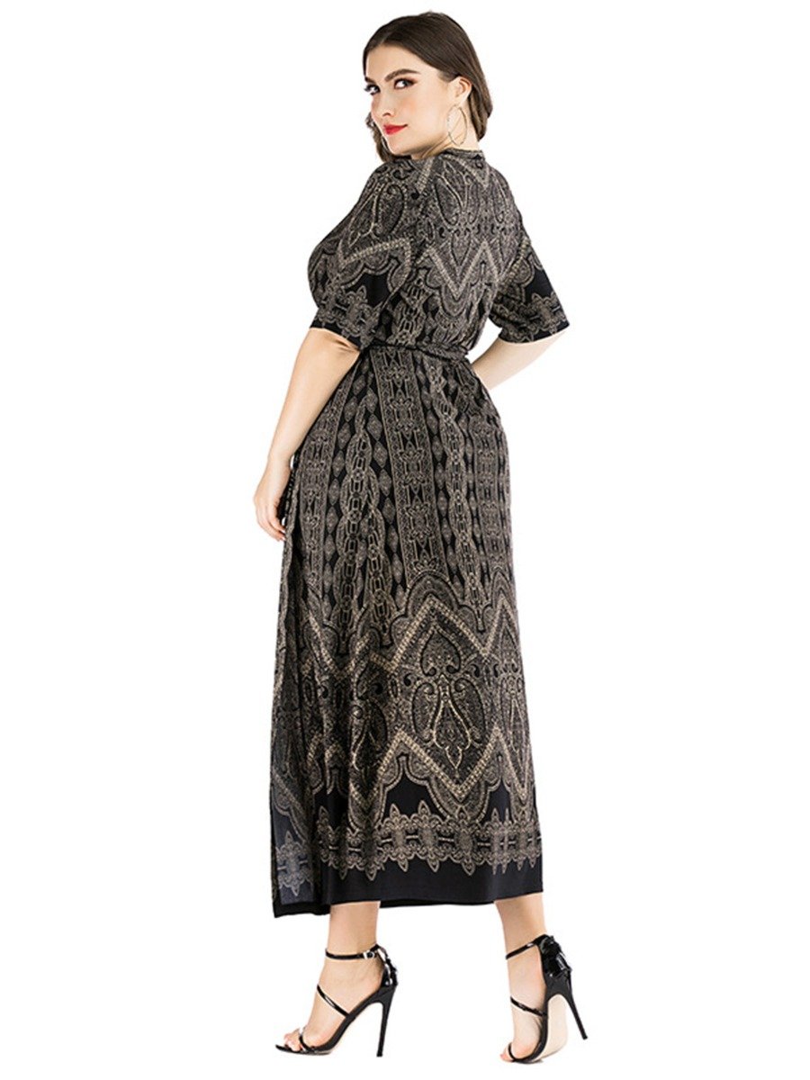 Plus Size Ethnic Print Belted Wrapover Vintage Woman Summer Dress