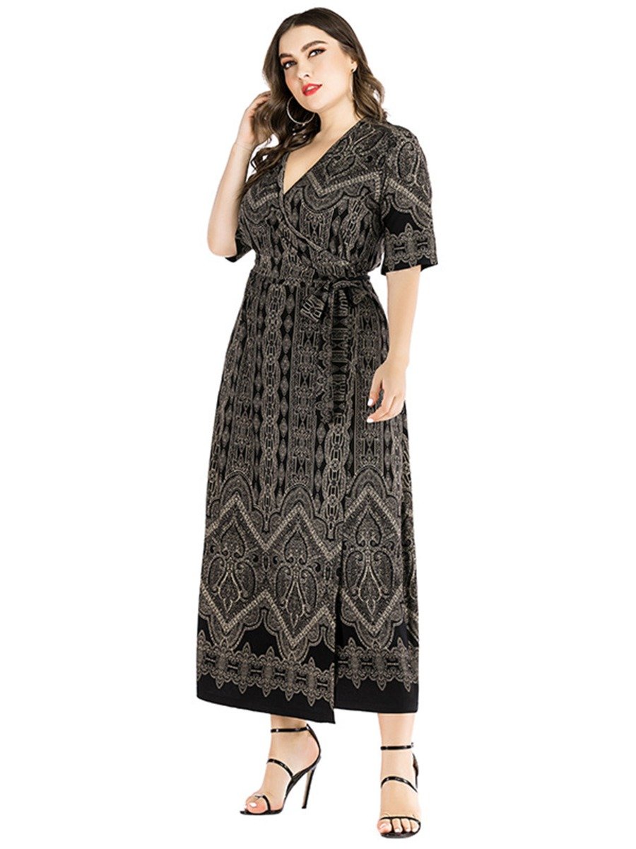 Plus Size Ethnic Print Belted Wrapover Vintage Woman Summer Dress