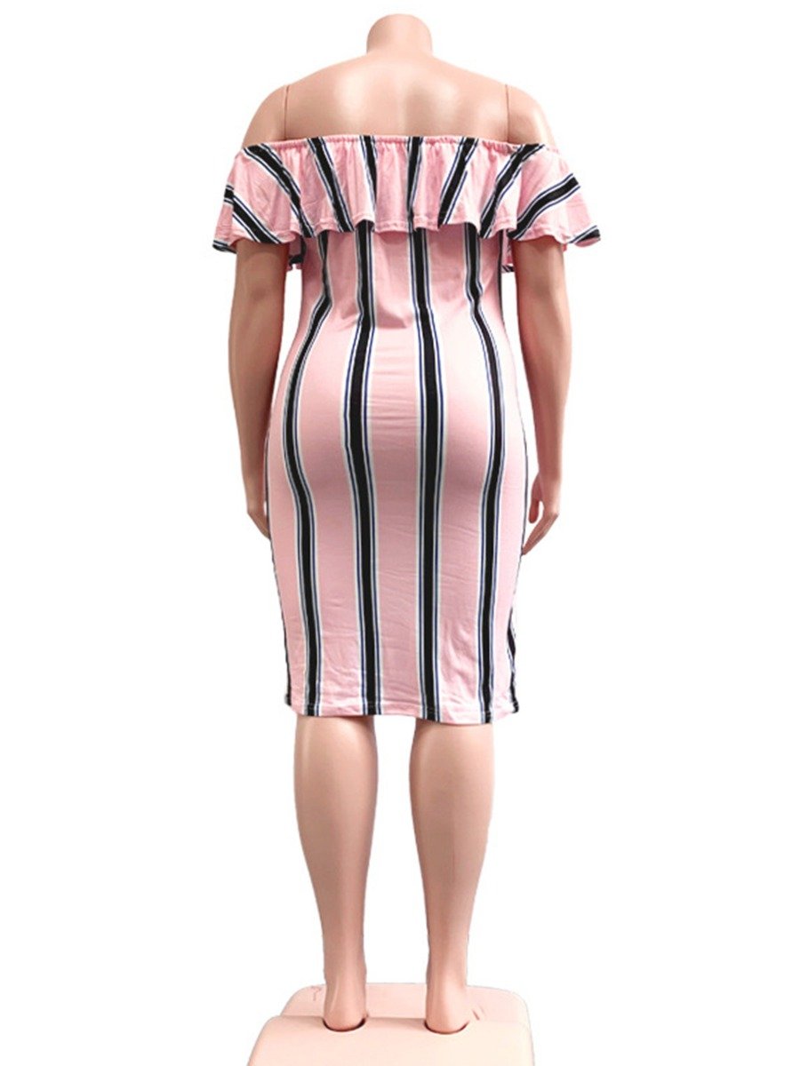 Plus Size Ruffle Collar shoulder Stripe woman Dress