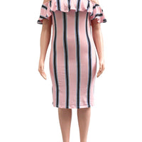 Plus Size Ruffle Collar shoulder Stripe woman Dress