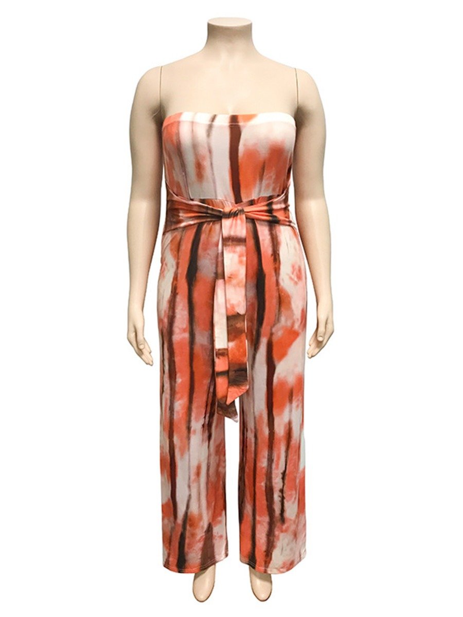 Plus Size Strapless Belted Tie Dye Tube woman female Jumpsuit