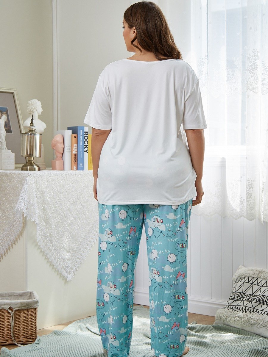 woman Letter Print Casual Plus Size Set Top Pants
