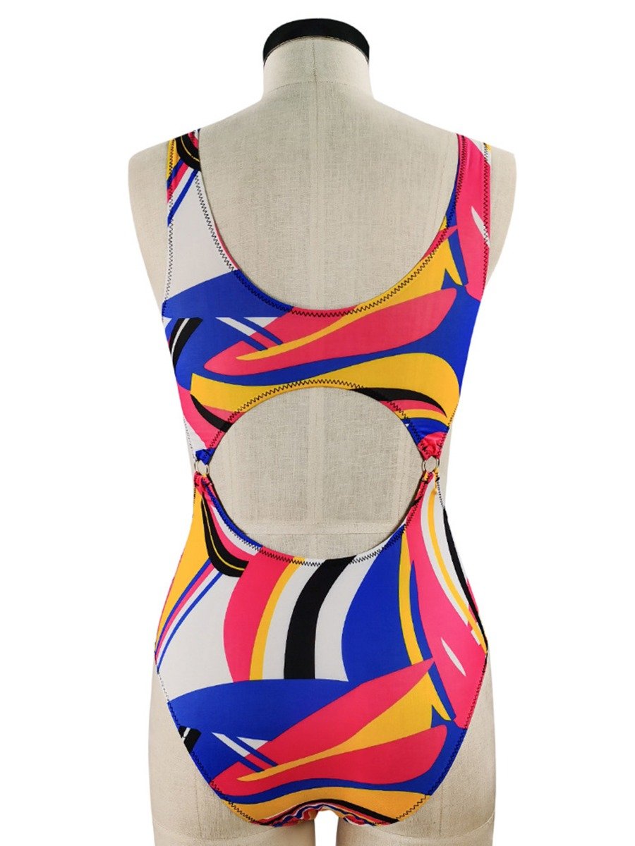 Plus Size Ring Linked buckle Color block woman Swimsuit