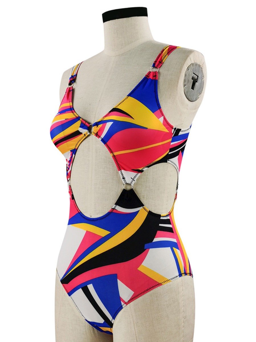 Plus Size Ring Linked buckle Color block woman Swimsuit