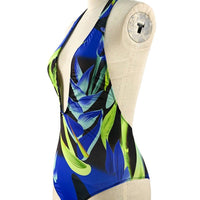 Plus Size Colorblock Leaf Print Swimsuit