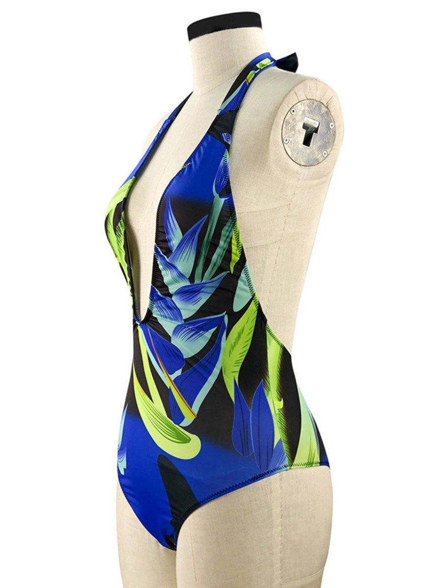 Plus Size Colorblock Leaf Print Swimsuit