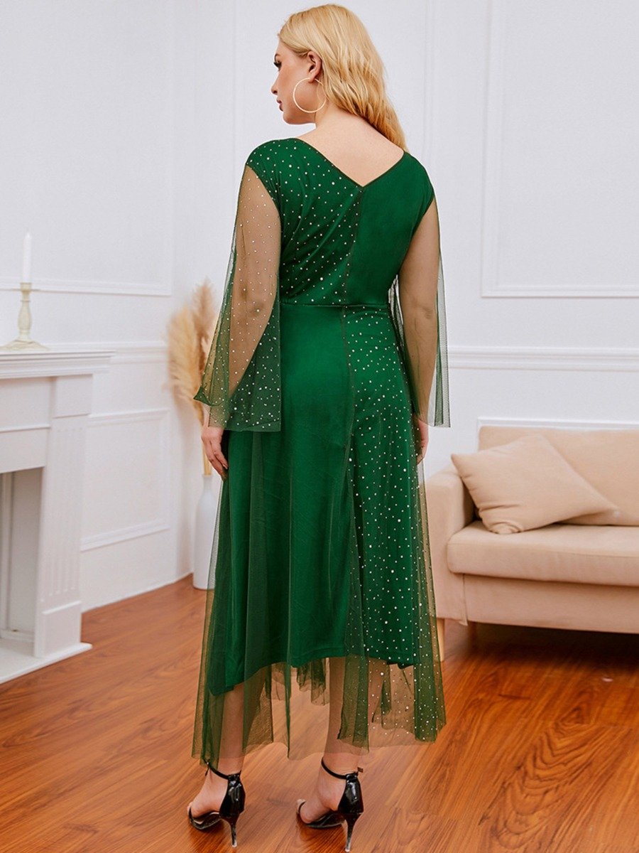 Plus Size V-neck transparent Sleeve Mesh Sequins woman Dress