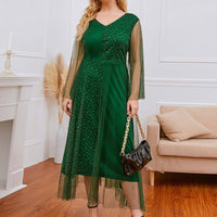 Plus Size V-neck transparent Sleeve Mesh Sequins woman Dress