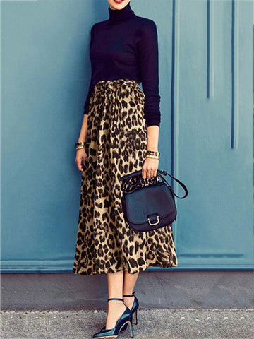 Plus Size High Waist leopard-print Pleated Skirt