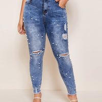 woman Plus Size Raw Hem Ripped Skinny trend fashion Jeans