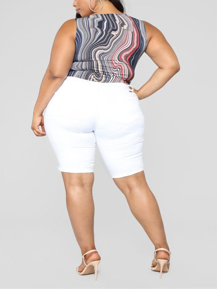 Plus Size Cuffed Ripped White Jean lady Shorts