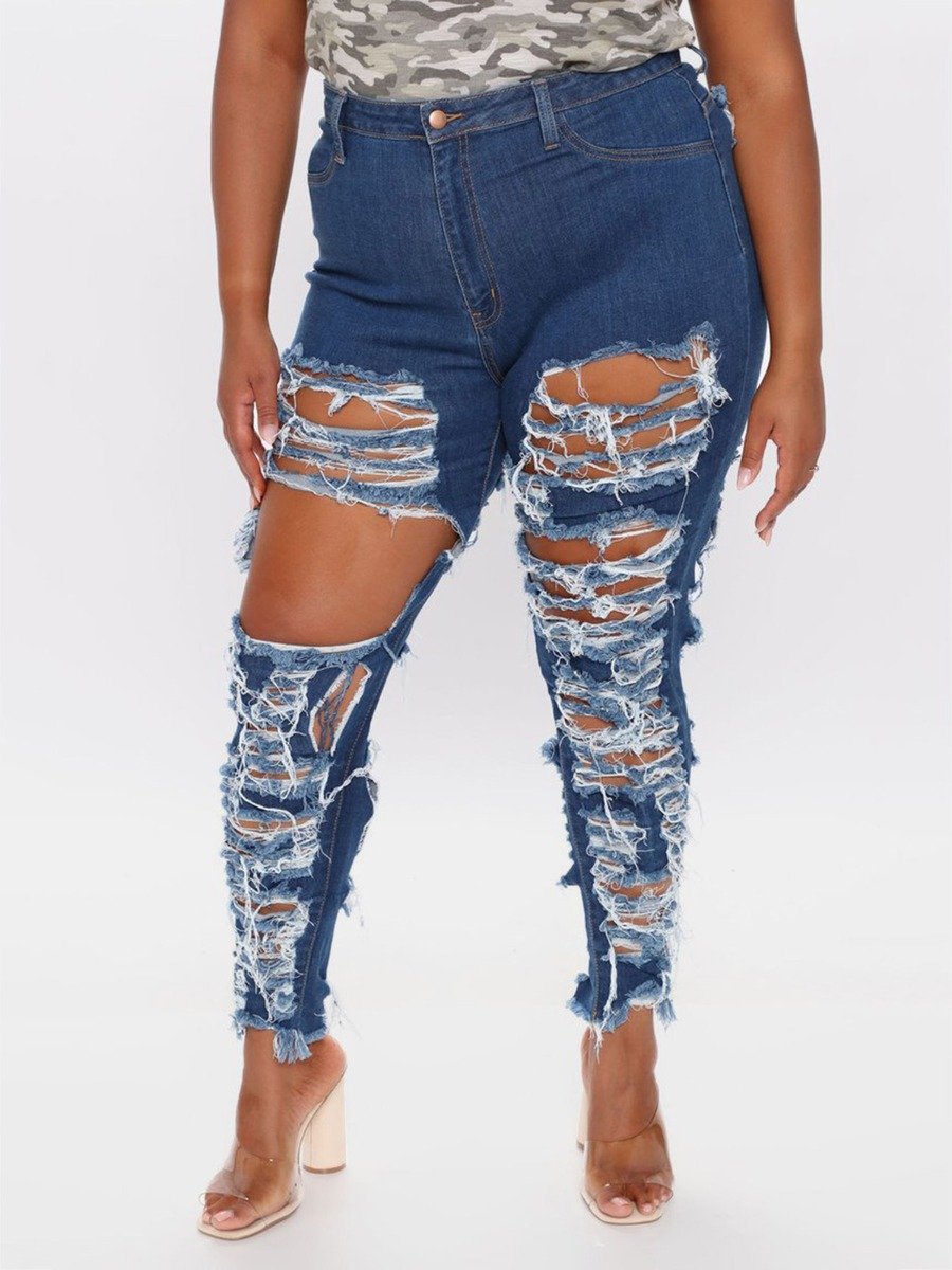 Plus Size Raw Hem Hole Tassel Ripped Distressed Fitted big size Jeans