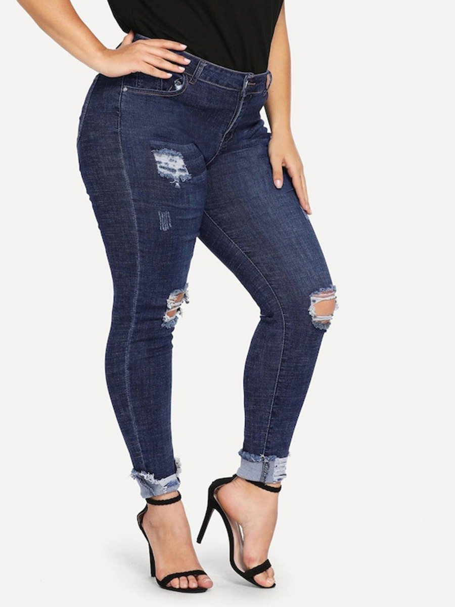 Plus Size Raw Hem Ripped Slim-fit Denim woman Jeans Wholesale