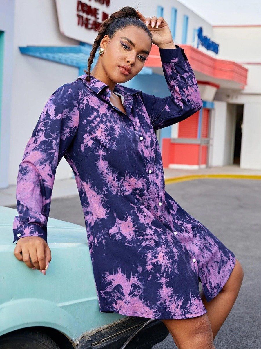 Plus Size woman Tie Dye Single-breasted Curved Hem Long Sleeved Shirt Dress