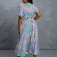 Plus Size Lapel Collar Neck Color block Stripe Belted Shirt women Dress