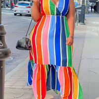 Plus Size V-neck Sleeveless Rainbow Striped Print one-piece Dress