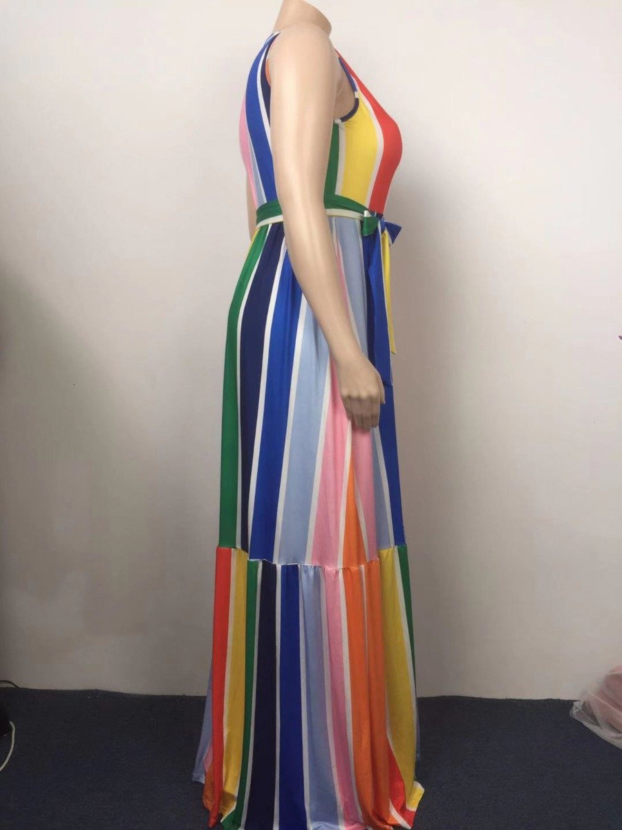 Plus Size V-neck Sleeveless Rainbow Striped Print one-piece Dress