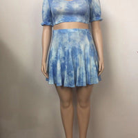 Plus Size Tie Dye Crop Top High Waist woman Pleated Skirt Set
